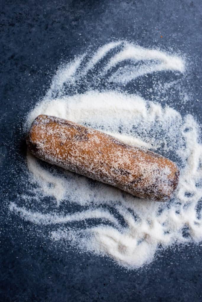 log of Swirled Chocolate Peanut Butter Slice & Bake Cookies in sugar coating