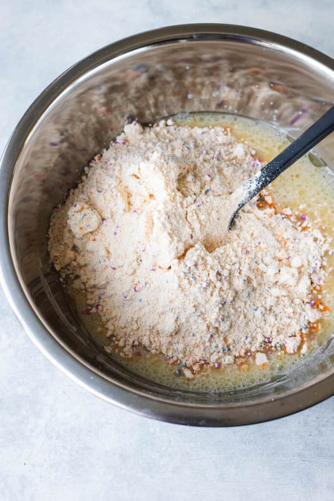 Cake mix in a stainless steel bowl