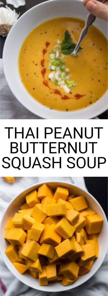 Thai Peanut Butternut Squash Soup: loaded with healthy ingredients like ginger, garlic, and peanut butter, and it's a comforting vegan & gluten free fall meal! || fooduzzi.com recipe