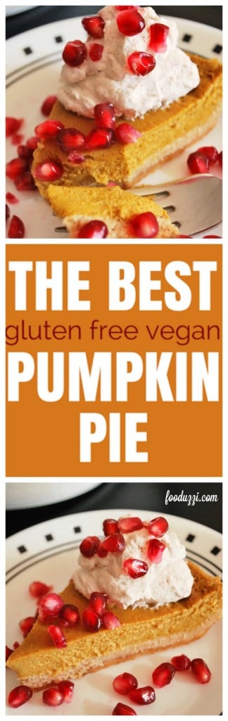 The Best Gluten Free Vegan Pumpkin Pie: So creamy, seriously addictive, and only 9 ingredients! This pumpkin pie recipe is dietary restriction-friendly, as it is gluten free, vegan, and dairy-free! A happy Thanksgiving, indeed! || fooduzzi.com recipes