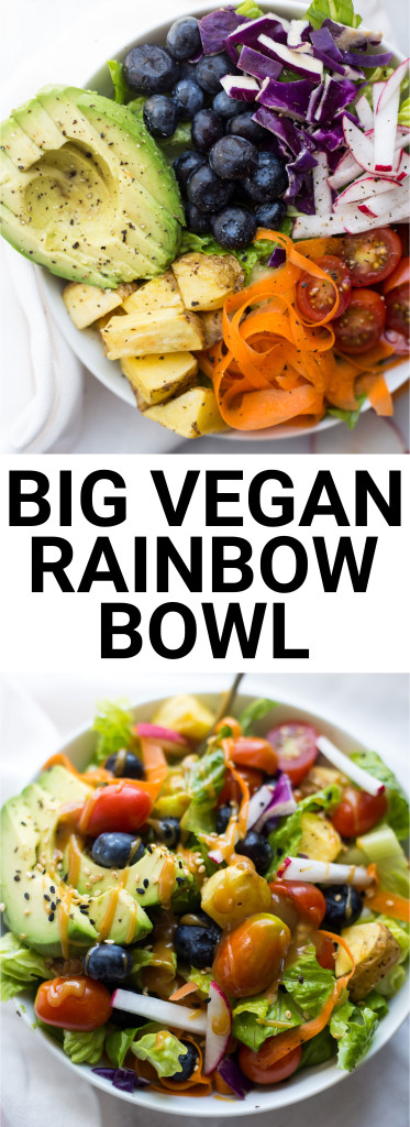 The Big Vegan Rainbow Bowl with Maple Almond Butter Dressing: featuring fruits, vegetables, and an addictive maple almond butter dressing! The perfect healthy, gluten free, and vegan summer salad! || fooduzzi.com recipe