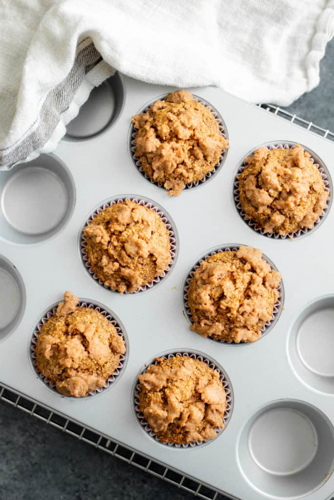 baked vegan blender coffee cake muffins in a muffin tin
