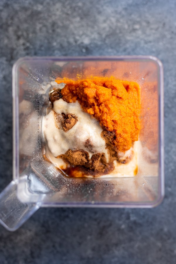 Vegan Blender Pumpkin Muffin batter in a blender