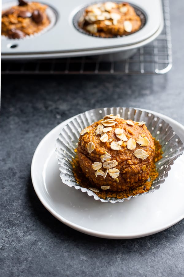 an unwrapped Vegan Blender Pumpkin Muffin on a plate