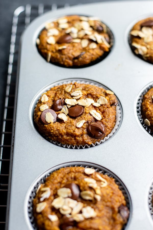 Vegan Blender Pumpkin Muffins in a muffin tin on a cooling rack