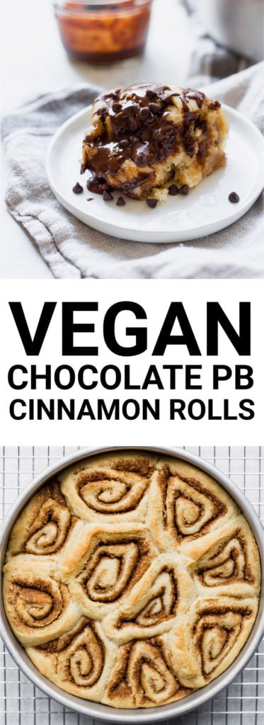 VEGAN CHOCOLATE PEANUT BUTTER CINNAMON ROLLS: Soft and pillowy cinnamon rolls...with a chocolate peanut butter twist! These vegan cinnamon rolls are beyond delicious, and perfect for breakfast or dessert! || fooduzzi.com recipe #vegan #cinnamonrolls #chocolatepeanutbutter