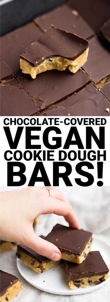 Chocolate-Covered Vegan Cookie Dough Bars: A super easy recipe! This no-bake dessert is gluten free, vegan, and full of healthy ingredients. || fooduzzi.com recipe