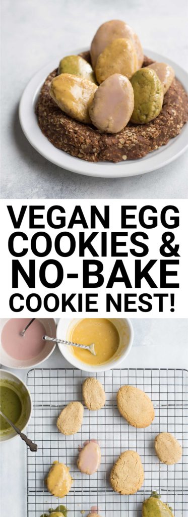 Vegan Egg Cookies + No-Bake Cookie Nest: These vegan egg cookies are the softest sugar cookies EVER. They pair perfectly with an edible no-bake cookie nest, and they're gluten & refined sugar free! The perfect sweet treat for Easter. || fooduzzi.com recipe