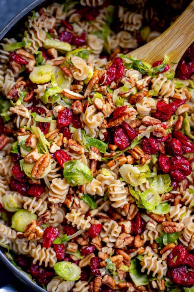 A close-up of Vegan Fall Pasta Salad in a pot