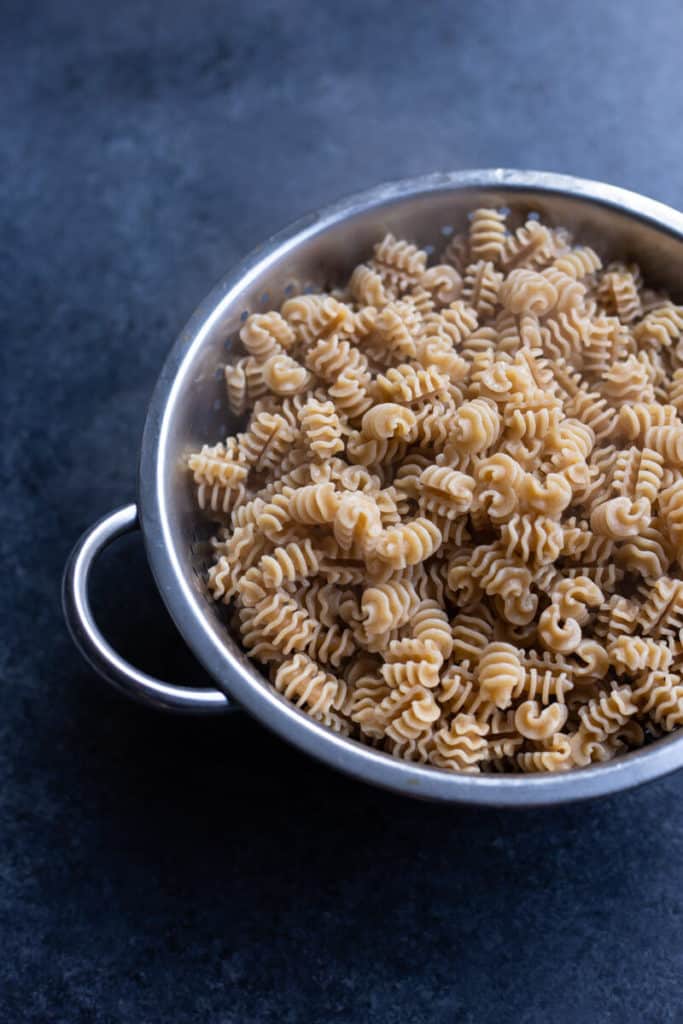 DeLallo's Organic Whole Wheat Radiatori cooked in a colander 