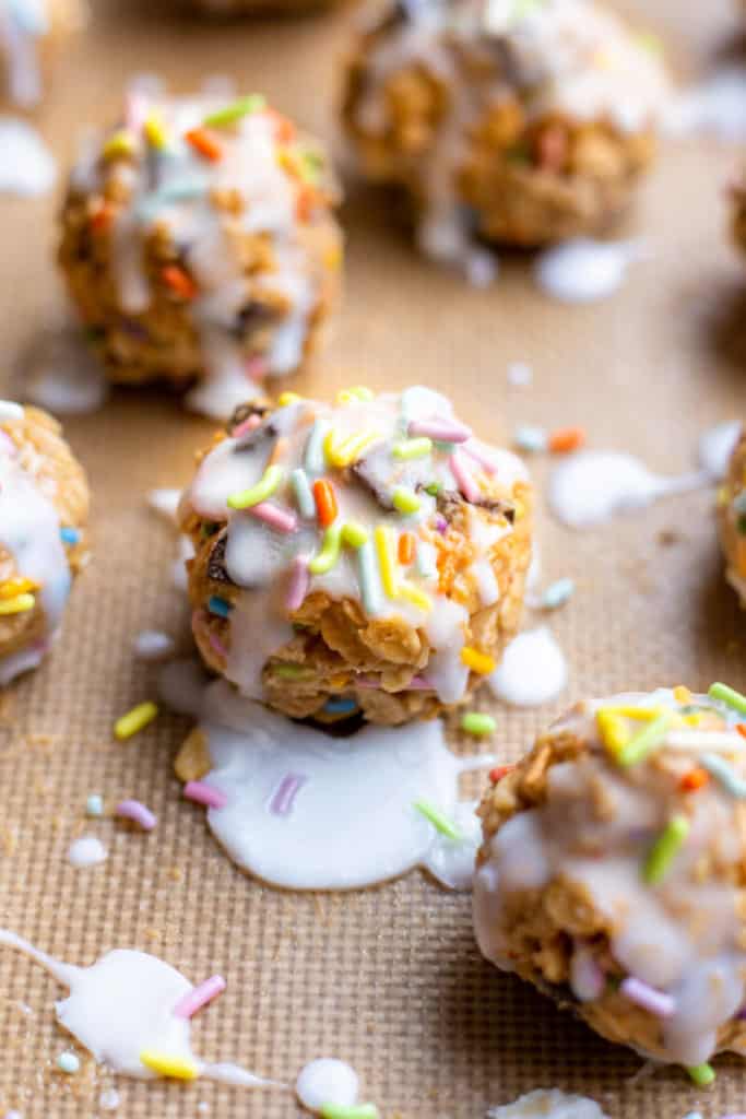 a close-up of a funfetti no-bake cookie