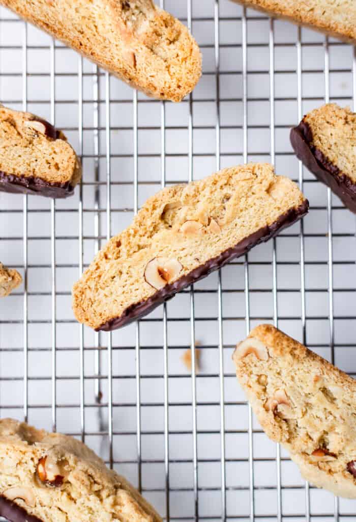 vegan chocolate hazelnut biscotti on a cooling rack