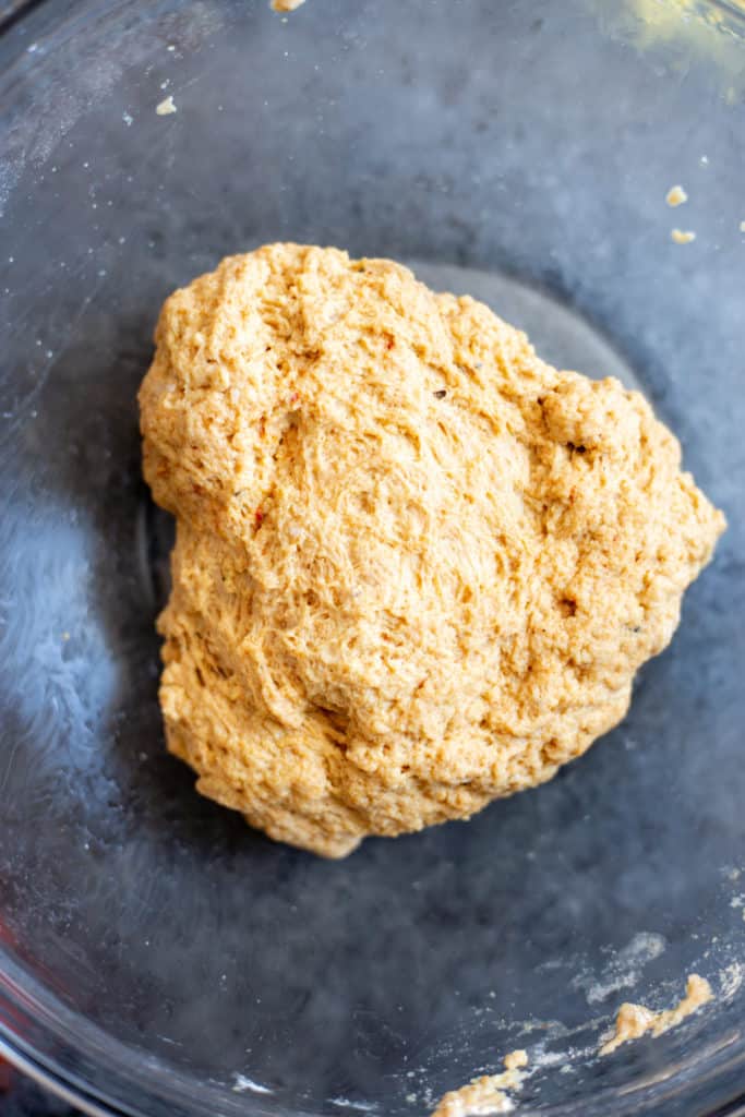 seitan dough in a glass bowl