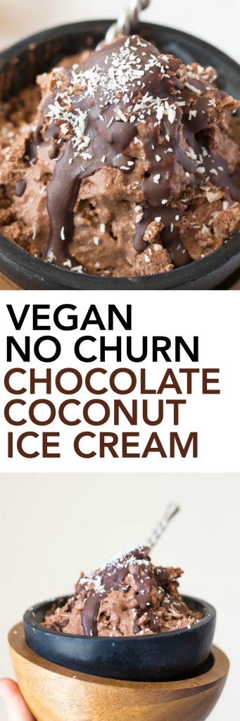 Vegan No Churn Chocolate Coconut Ice Cream (& Hot/Cold Date Night In): this healthy ice cream is made up of only 6 ingredients! It's date-sweetened and paired with a healthy magic chocolate shell that hardens on top! || fooduzzi.com recipe