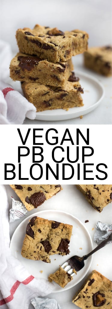 Vegan Peanut Butter Cup Blondies: Dense and chewy blondies are filled with peanut butter cups and dark chocolate! Naturally gluten free, vegan, and refined sugar free and ready in 30 minutes! || fooduzzi.com recipe