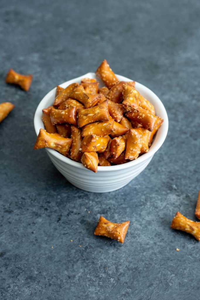 a bowl full of peanut butter pretzel nuggets