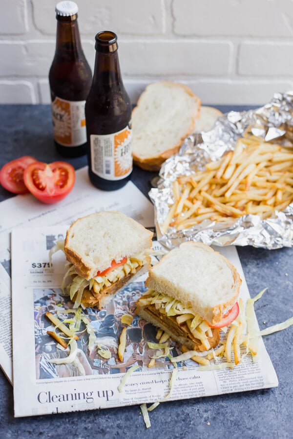 vegan primantis sandwich with beer and newspaper