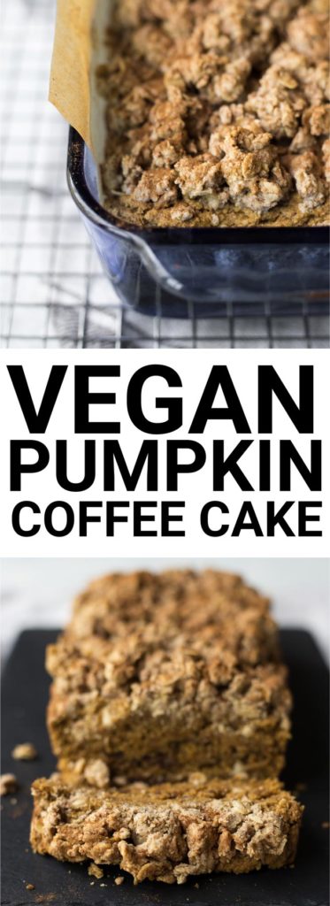Vegan Pumpkin Coffee Cake: A simple coffee cake with a fall twist! Naturally gluten free and vegan, made with minimal sugar, and topped with an addictive streusel! || fooduzzi.com recipe
