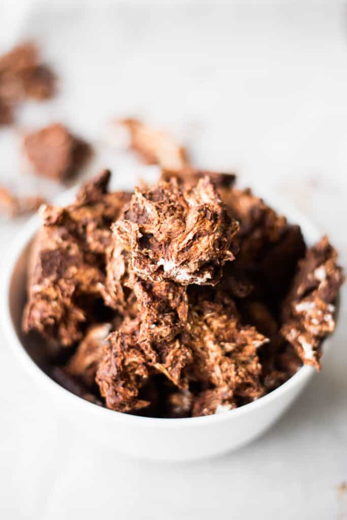 a white bowl full of vegan s'mores bark