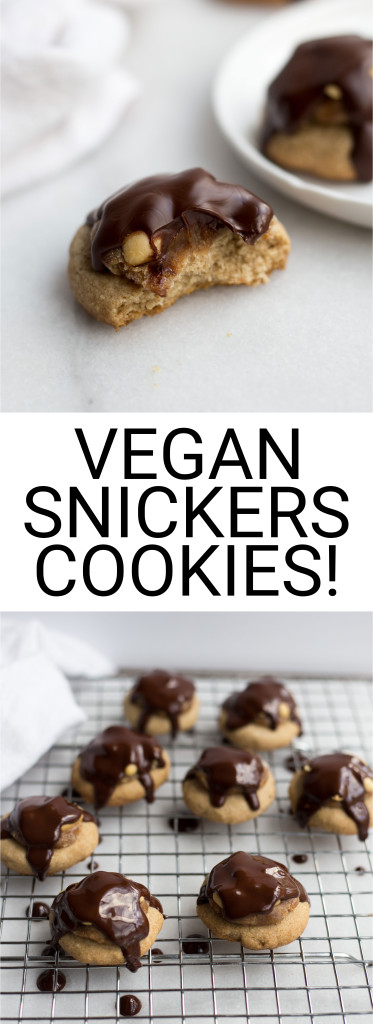 Vegan Snickers Cookies: Halloween's favorite candy bar...in cookie form! Date caramel, salty peanuts, and rich dark chocolate make up this vegan and gluten free healthy treat! || fooduzzi.com recipes
