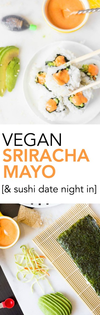 Vegan Sriracha Mayo & Sushi Date Night In!: This two-ingredient vegan mayonnaise is naturally gluten free and healthy! Perfect for sandwiches, a veggie dip, or sushi! || fooduzzi.com recipe 
