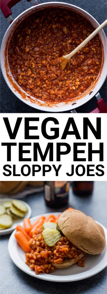 Vegan Tempeh Sloppy Joes: Heck yes vegan comfort food! A simple tomato-based sauce, protein-rich tempeh, and fiber-packed farro are used to make this quick and delicious dinner! || fooduzzi.com recipe #comfortfood #vegan #vegandinner